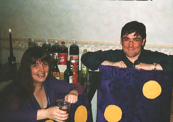 Andrea Glass and Iain Docherty (now married) dressed a pair of furry dice during a Halloween party at Sam de Smith's.